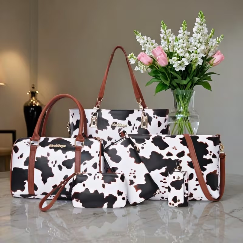 Women Bags Crossbody - 6-piece PU Fashion Cow-pattern Tote Bag